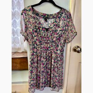 ELLA MOSS size XS sheer floral tunic/mini dress with cotton navy slip underneath
